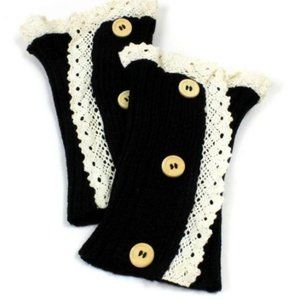 Black Knit Lace & Button Trim Boho Boot Cuffs Socks Toppers NWT